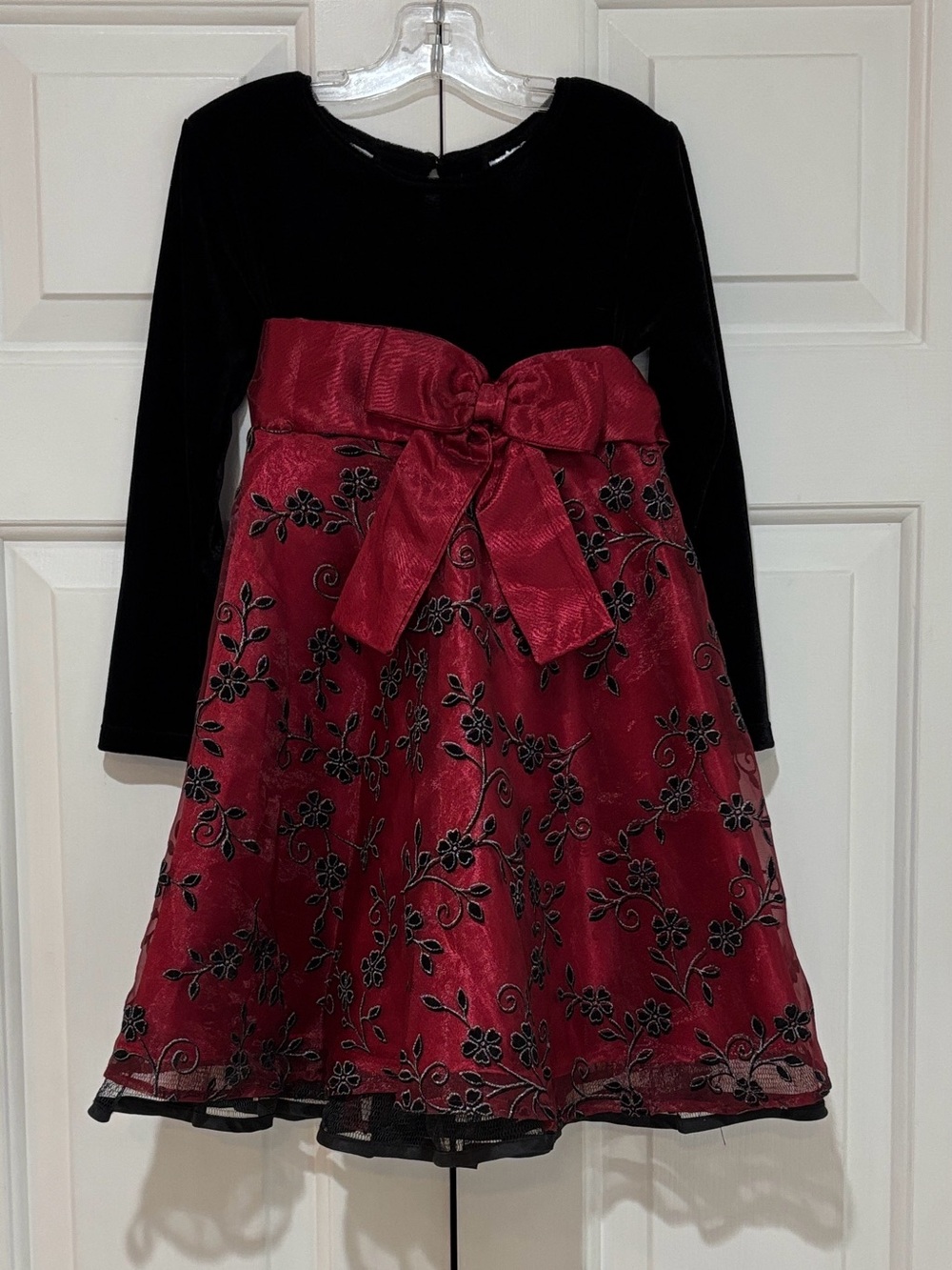 Blueberi Boulevard Black & Burgundy Overlay Velvet Bow Holiday Dress Size 5 EUC